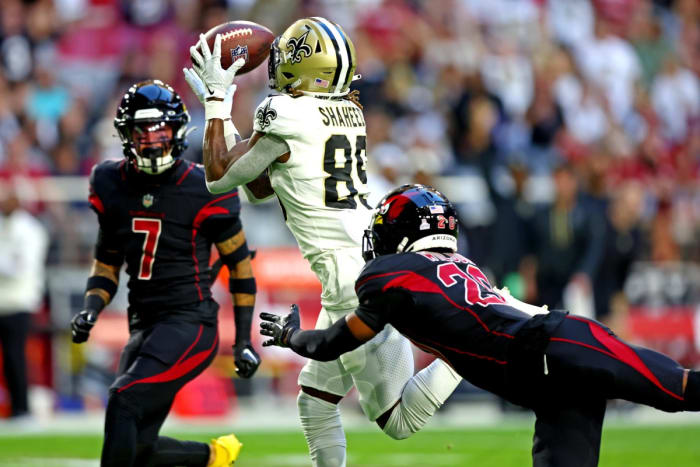 New Orleans Saints receiver Rashid Shaheed (89) catches a touchdown pass against Arizona Cardinals cornerback Marco Wilson (20). Mandatory Credit: Mark J. Rebilas-USA TODAY Sports